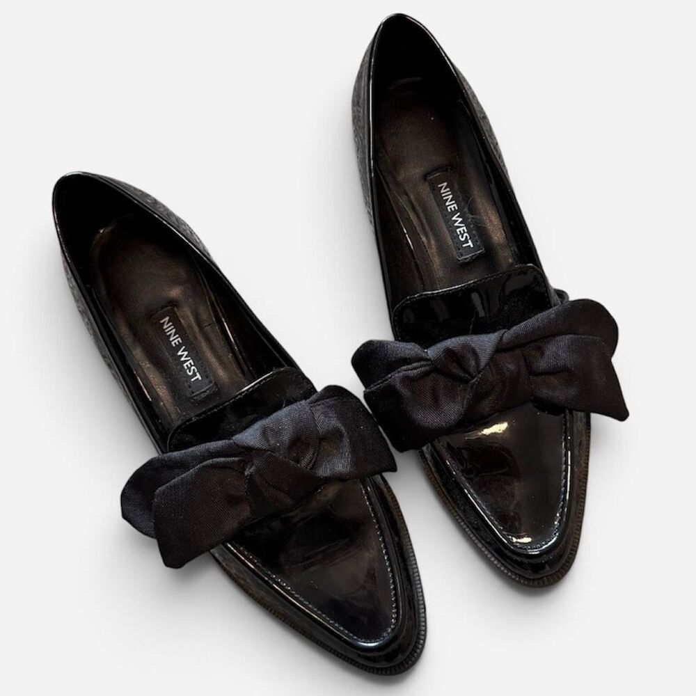 Nine West Black Patent Bow Pointed Loafer Oxford Flats Penny 5M
